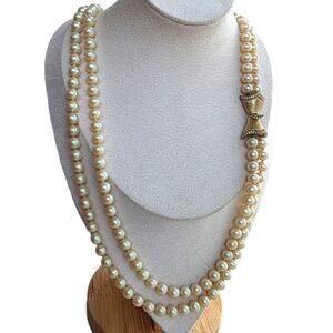 Vintage Double Strand Pearl Necklace Gold Plated Rhinstone Bow Clasp Rockabilly